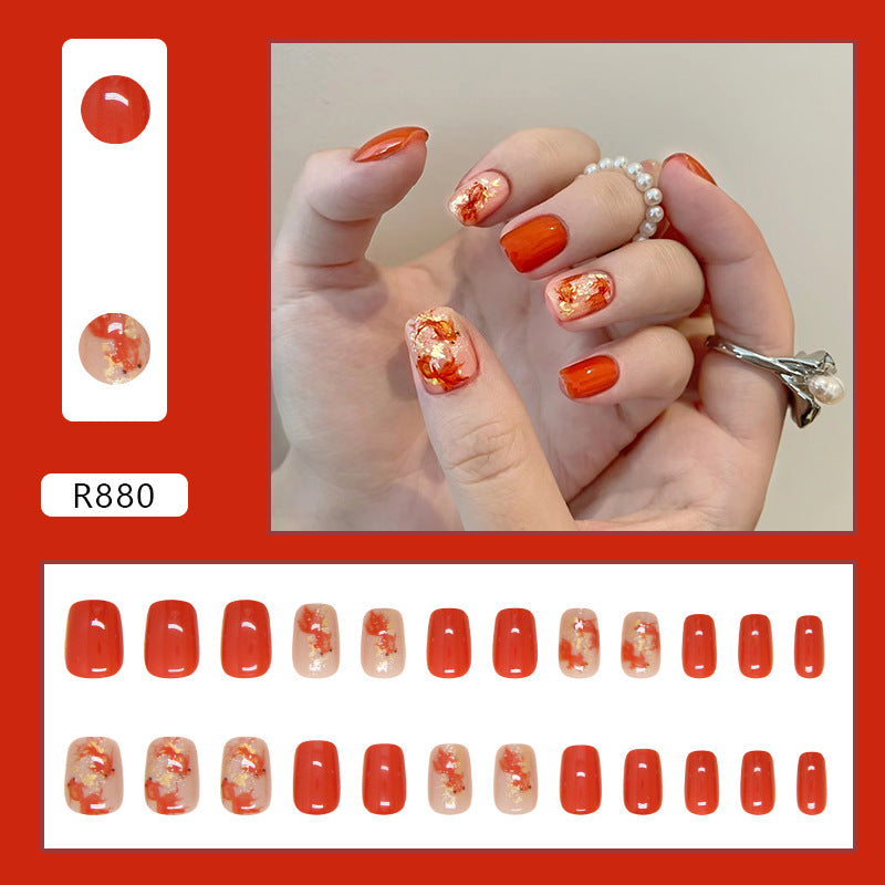 Beaux ongles courts carrés de couleur unie Orange Koi