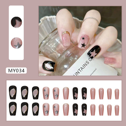 24 pièces ins style faux ongles œil de chat rose étoile