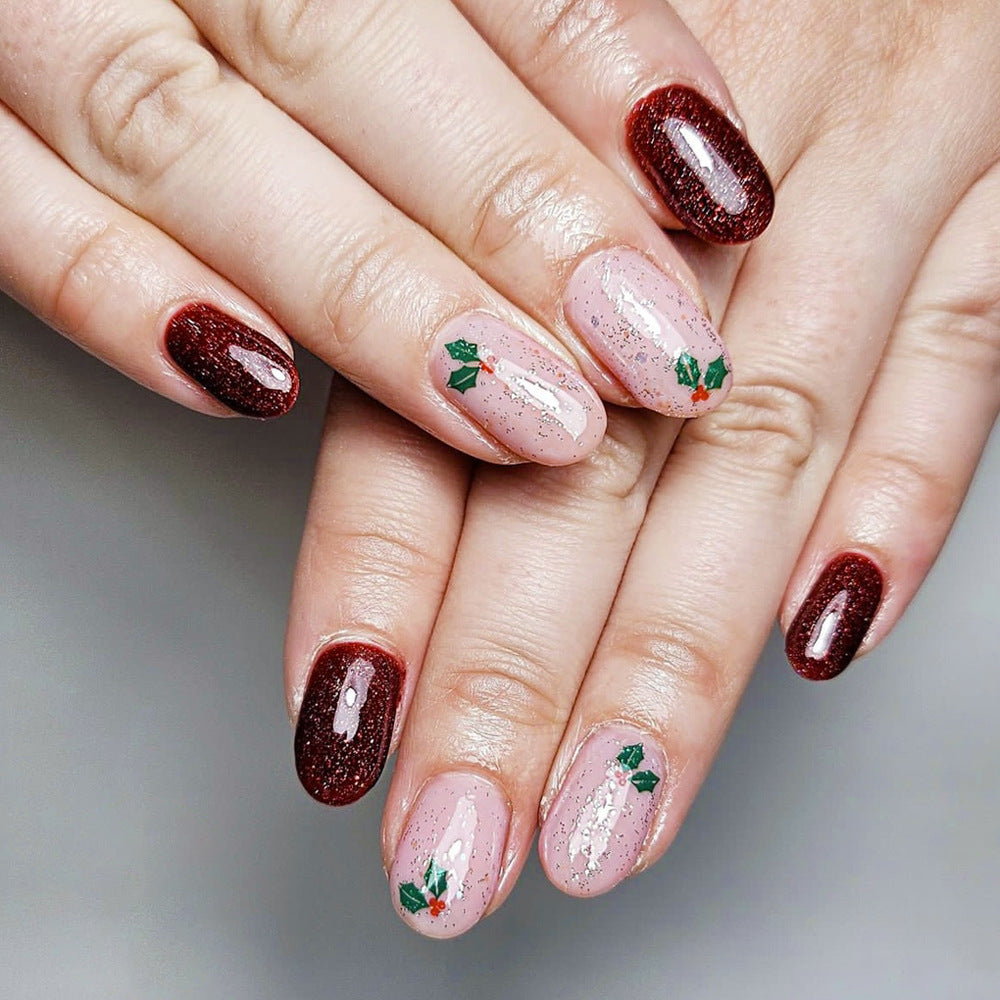 Feuilles de Noël ovales pailletées Petits Fruits Rouges Décor Faux Ongles Brillants