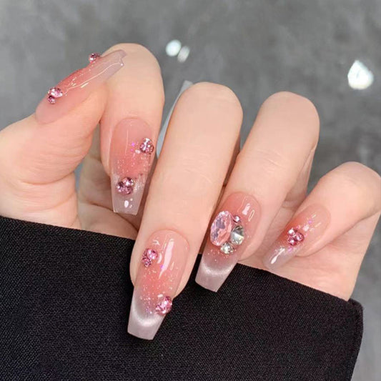 faux-ongles-3d-diamant-decor-ongles-gel-fait-main-moyen-carre-douce-rose-transparent