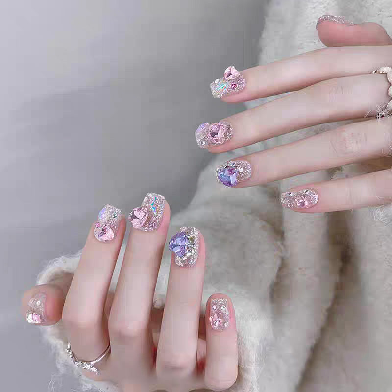 faux-ongles-3d-splendid-diamant-mignon-chic-carre-court-colore-ongles-en-gel-fait-la-main-douce-rose-violet
