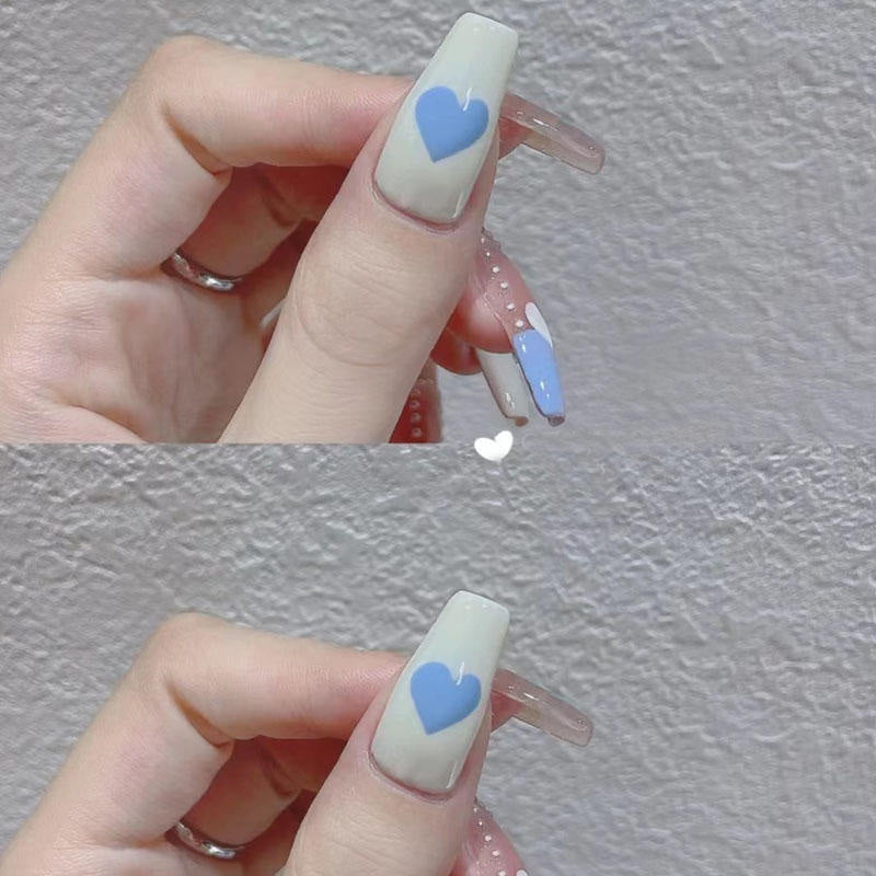 faux-ongles-blanc-bleu-noed-mignon-perle-decor-faitla-maison-ballerine-long-coeur-dessin