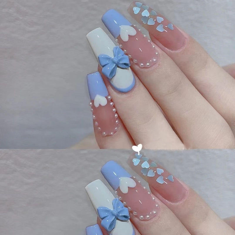 faux-ongles-blanc-bleu-noed-mignon-perle-decor-faitla-maison-ballerine-long-coeur-dessin