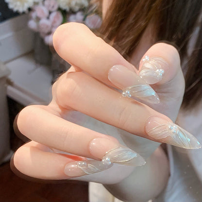 faux-ongles-perle-feuilles-magnifique-naturel-moderne-ongles-chic-elegance-manucure-ongles-en-gel-fait-main-amande