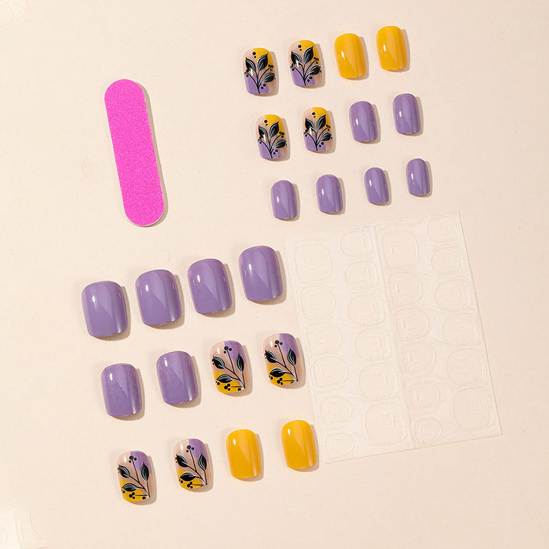 jaune-violet-clair-carre-court-24-pieces-ongles-en-gel-manucure_3