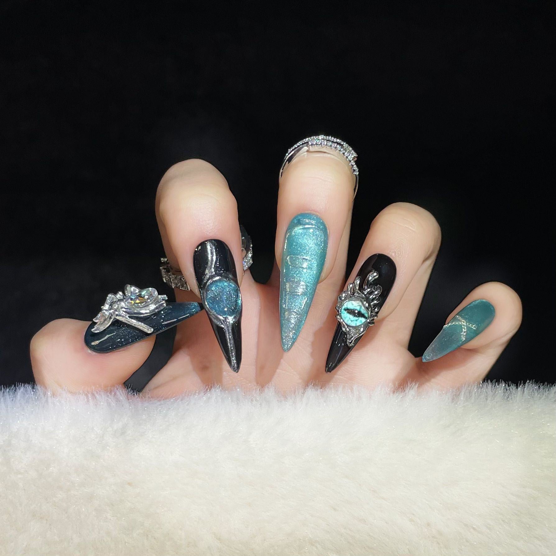 ongle-gel-noir-bleu-long-pointu-magnifique-faux-ongle-fait-main-manucure-autocollant-pratique-couleur-ete-tendance