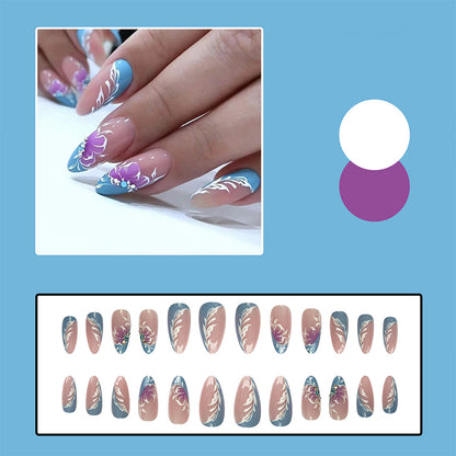 ongles-en-gel-24-kit-nude-violet-bleu-fleur-amande-french-baby-boomer-design-pour-l'ete-amande-faux-ongles