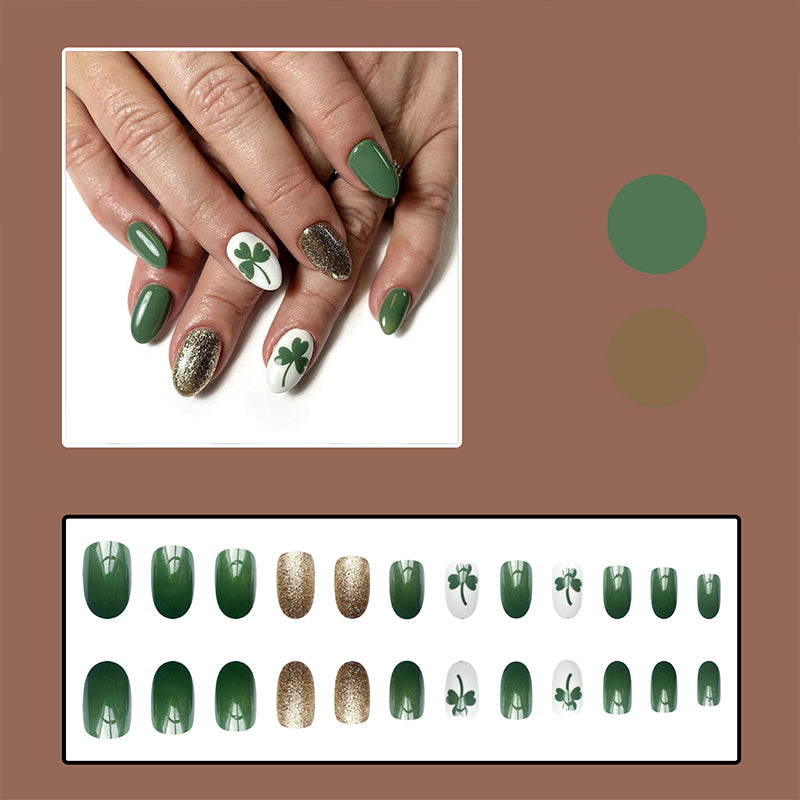 ongles-en-gel-couleur-vert-blanc-ete-paillettes-d'or0vert-fonce-herbe-en-gel-faux-ongles