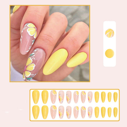 ongles-en-gel-jaune-vif-decor-ete-couleur-24-kit-fleur-transparent-base-naturel-amande-faux-ongles-mains-manucure-fake-nail