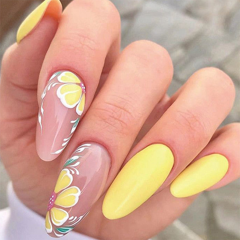 ongles-en-gel-jaune-vif-decor-ete-couleur-24-kit-fleur-transparent-base-naturel-amande-faux-ongles-mains-manucure-fake-nail
